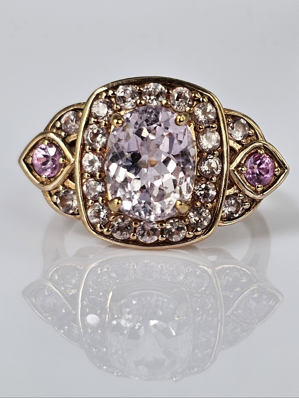 Natural Kunzite & Pink Sapphire Ring Sterling Silver 18K Rose Gold Overlay. Sz 7